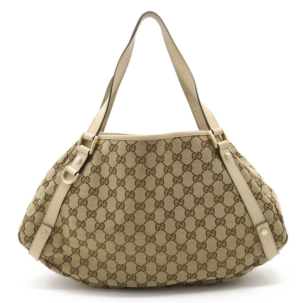 Gucci GG Canvas Tote Bag Shoulder Hobo Strap Leather Beige Brown Cream